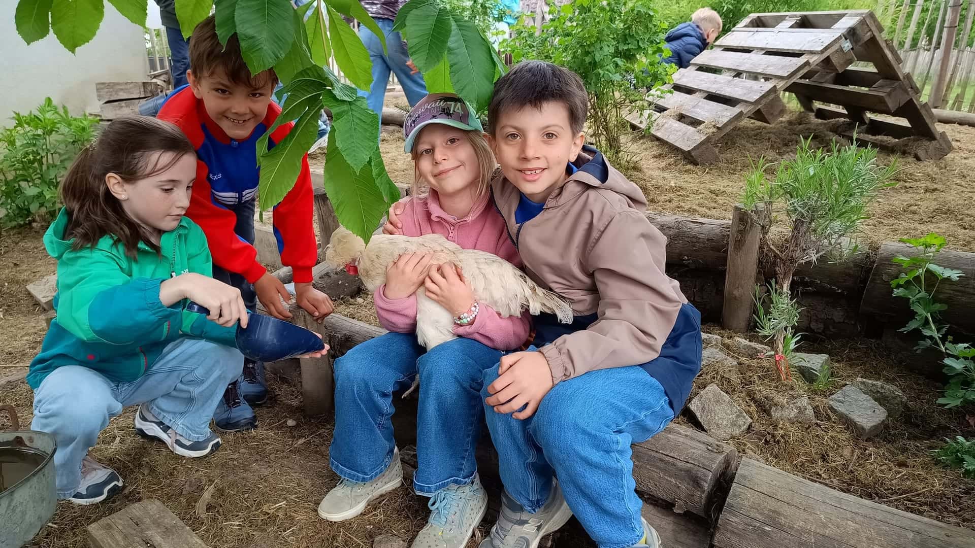 Hühnerbesuch 2026 - Kinder mit einer Henne auf dem Schoß