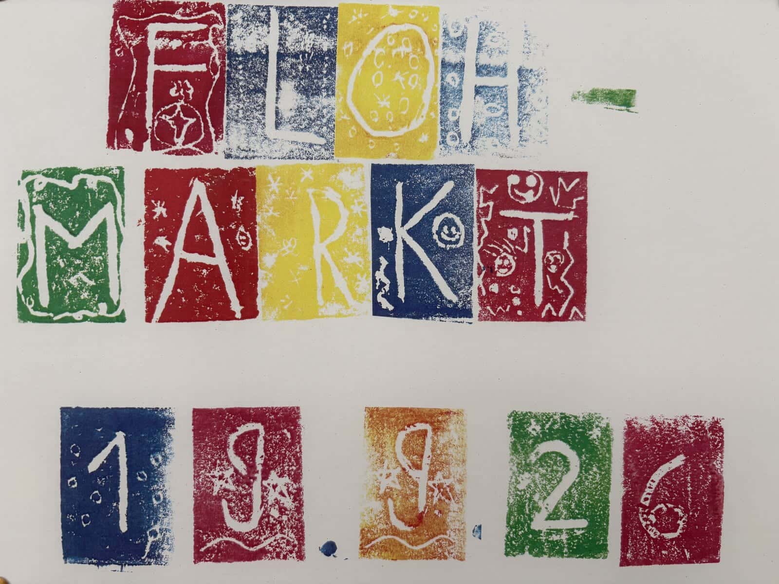 Kirchweih 2026 - Von den Kindern gedrucktes Plakat mit dem Schriftzug „Flohmarkt 19.9.26“