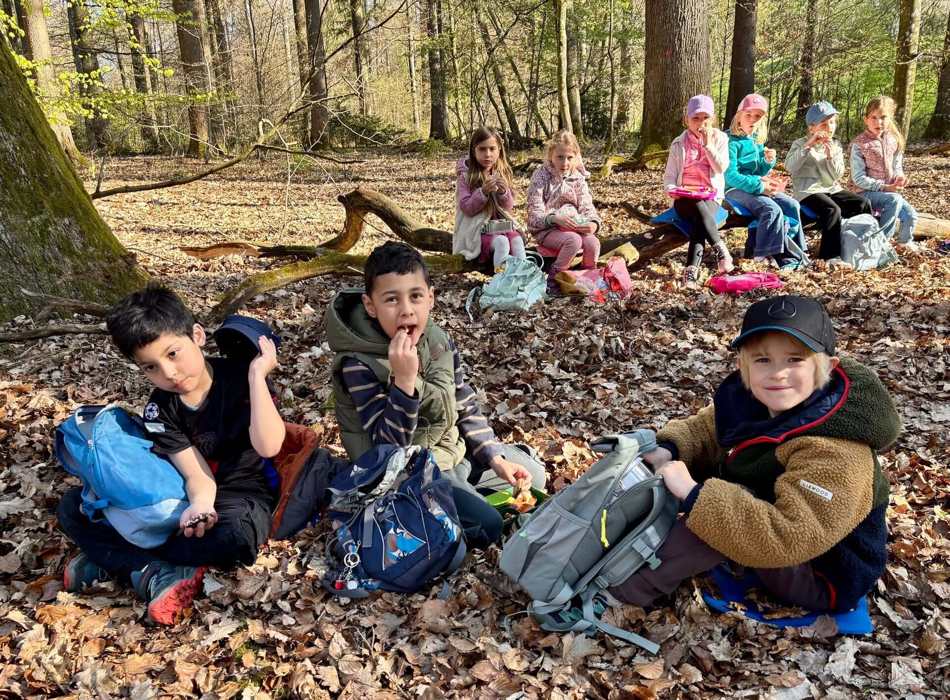 Waldpädagogik 2026 - Klasse 1 macht eine Vesperpause auf einem umgestürzten Baum im Wald