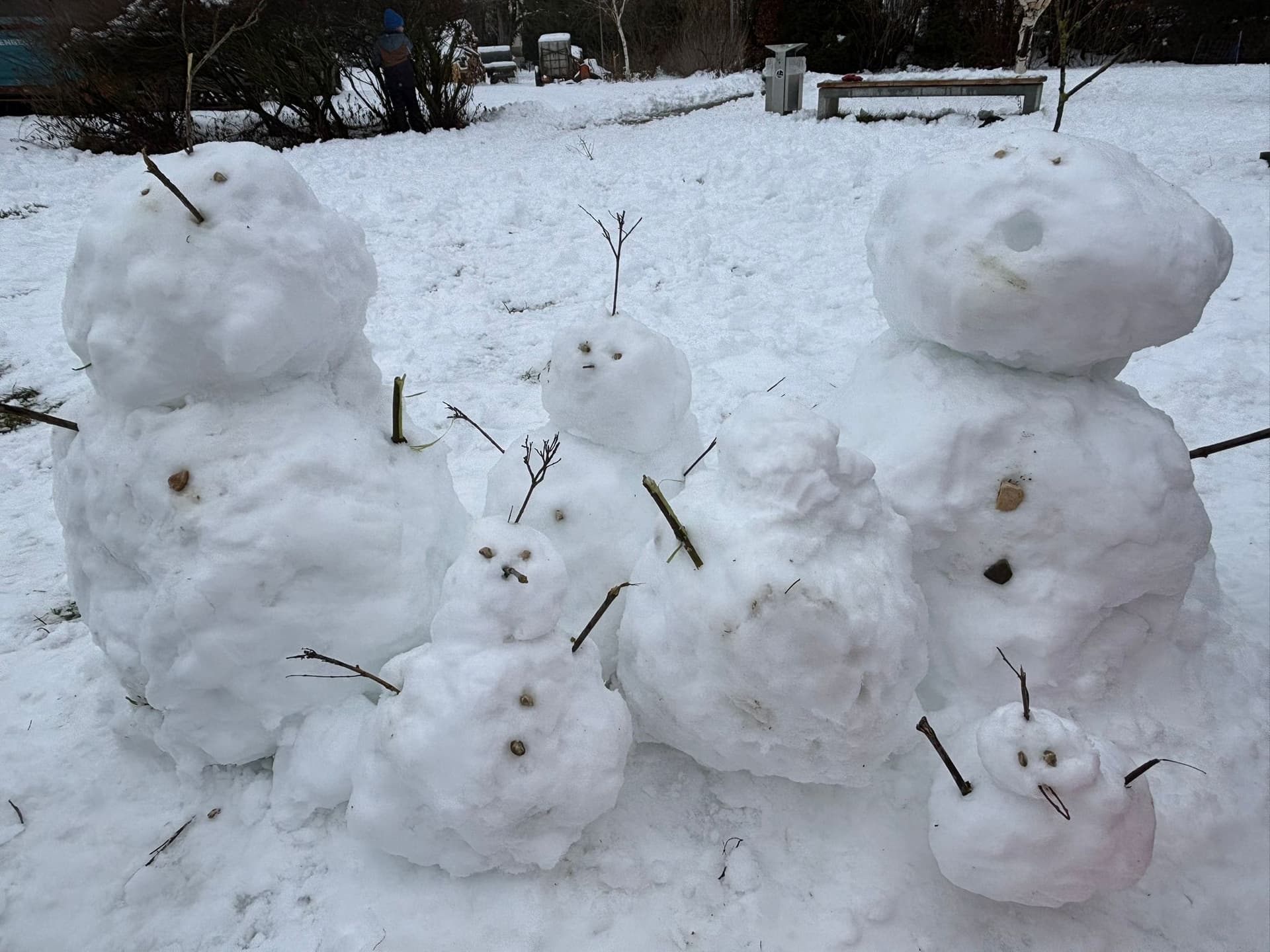 Schneetag 2026 - Gruppe selbstgebauter Schneemänner verschiedener Größen